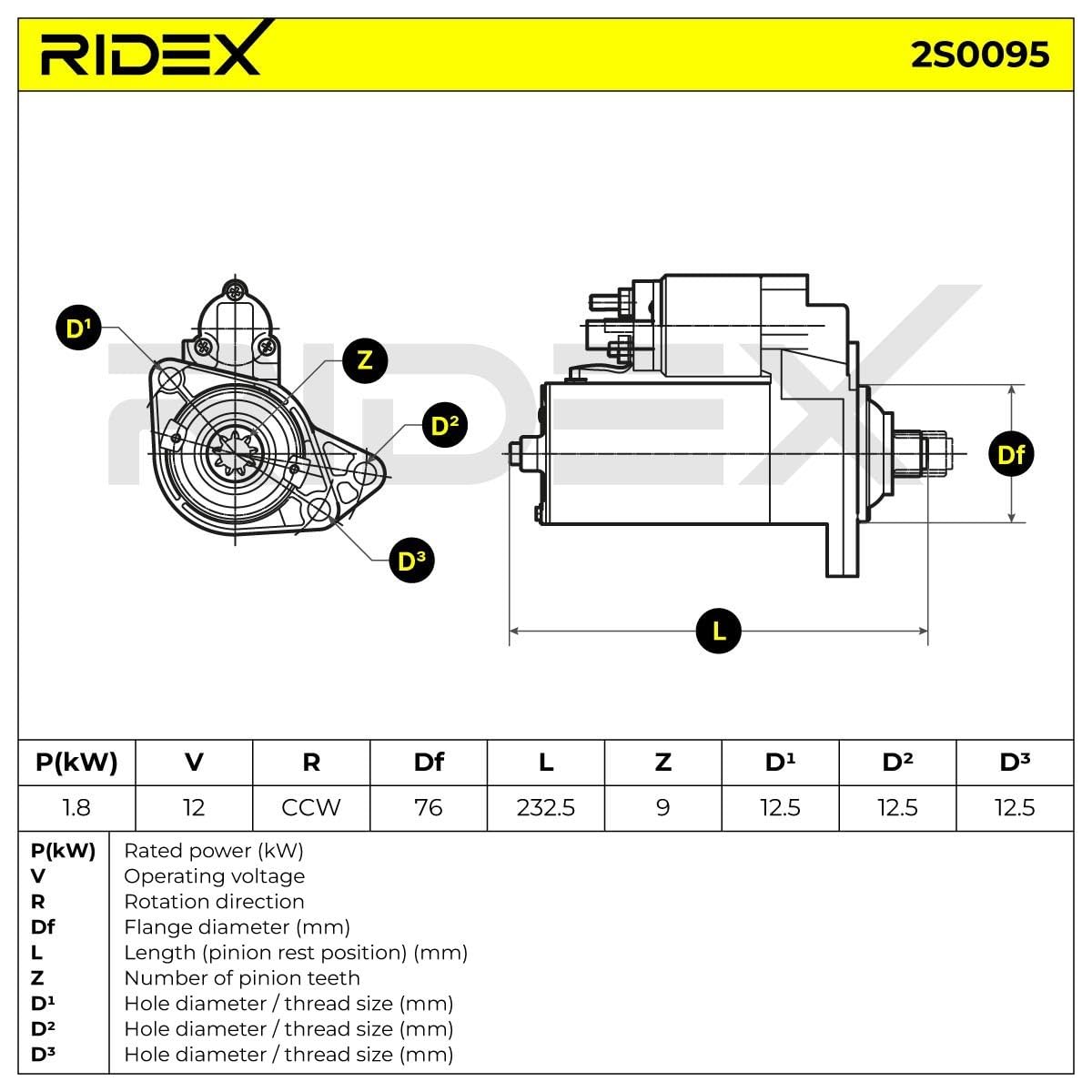 RIDEX 2S0095 Motor de arranque Compatible con VW Golf 4 Hatchback 1J1