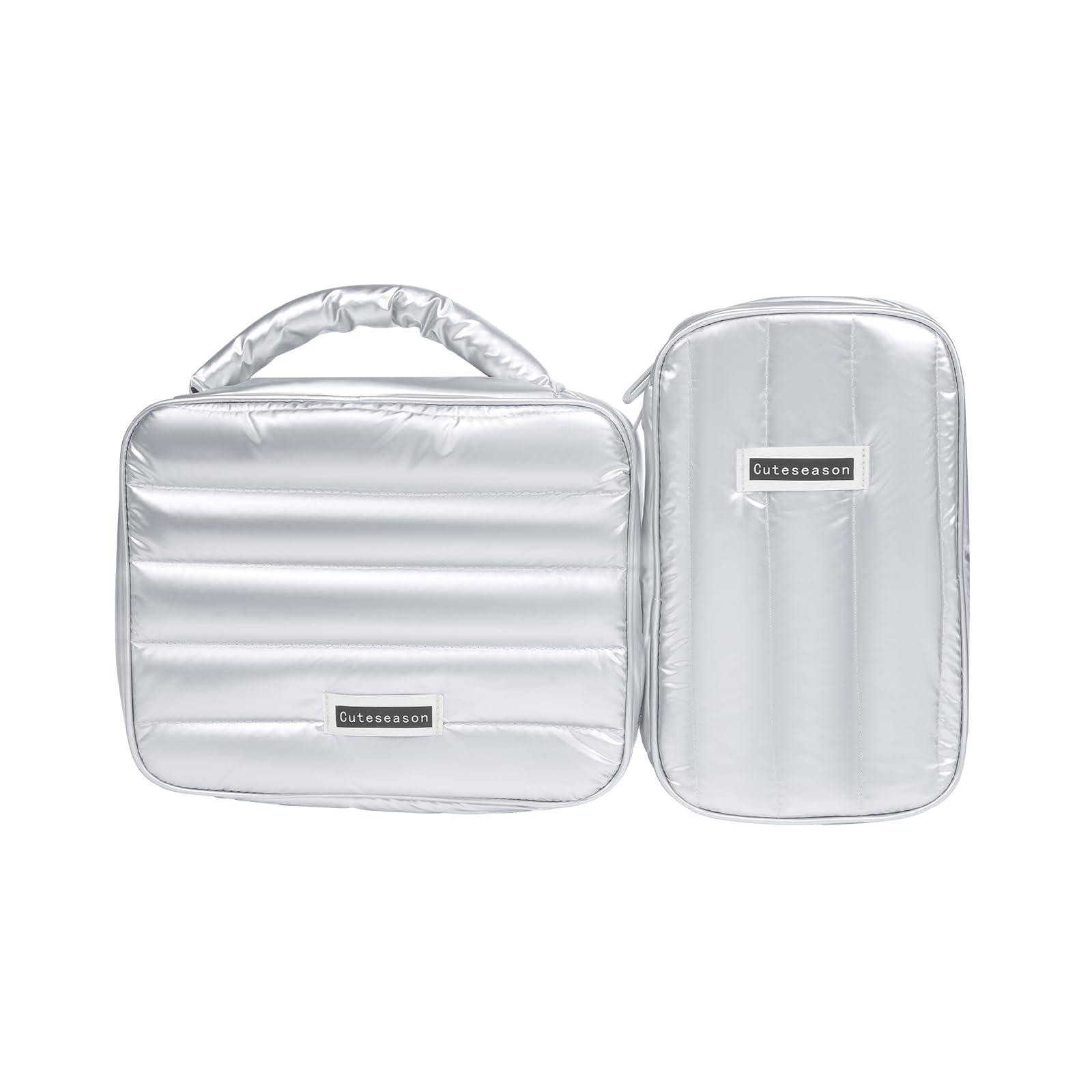 PINK Puffy Quilted Silver Makeup Bag for Women, Large Waterproof Cosmetic Bag with Compartments, Travel Toiletry Organizer Pouch(Silver,L and M)