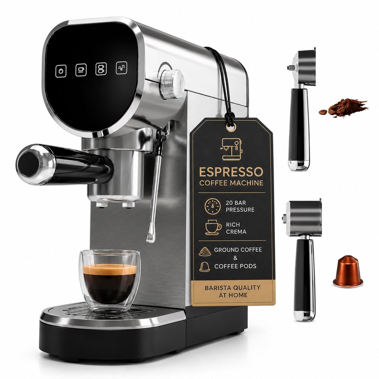 DMD Collective - 3-In-1 Stainless Steel Barista Espresso Coffee Machine, 20-Bar Single & Double Shot - Ground Coffee, Milk Frother & Capsule Compatible, 1L Detatchable Water Tank, Latte, Cappuccino