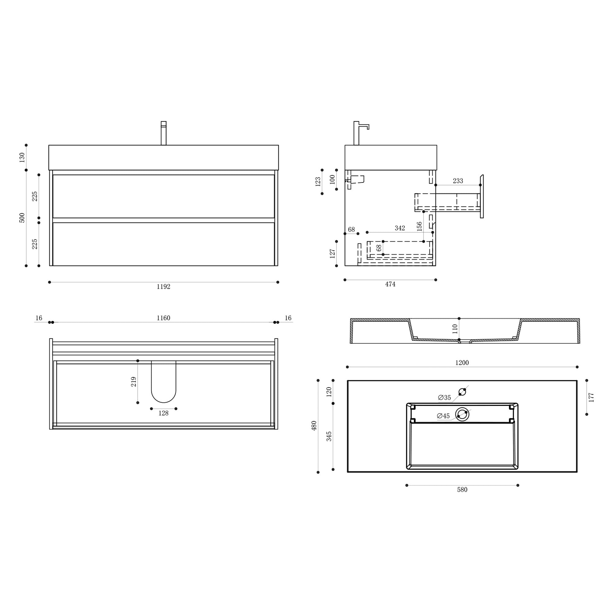 doporro Meuble de Salle de Bain Suspendu 120x48x50cm Ensemble de 2 Pièces | Blanc Mat, avec Lavabo en Solid Surface, Design Deep