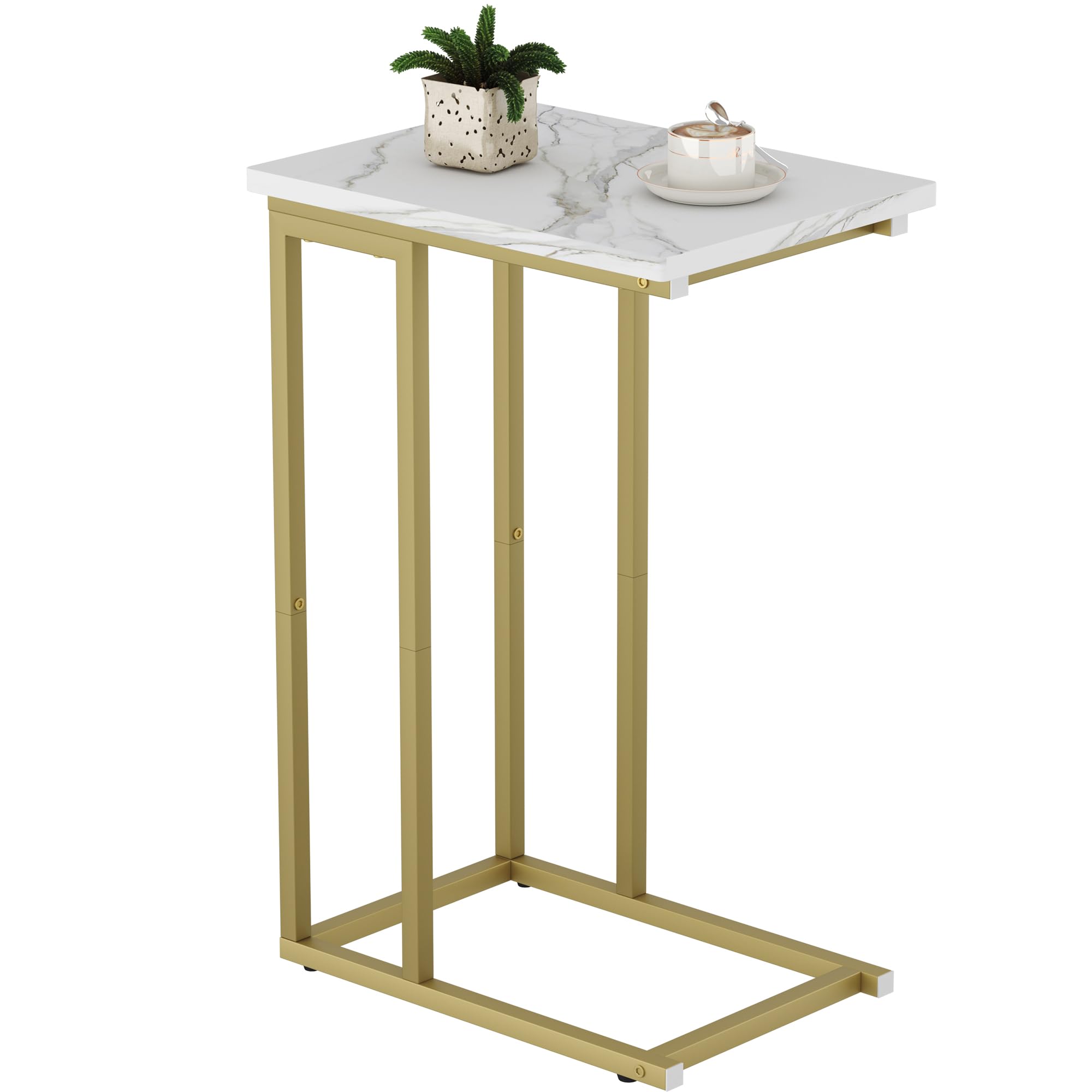 Function Home C Shaped End Table, Small Side Tables for Sofa Bed, Couch Tables That Slide Under, Drink Snack Table for Living Room Bedroom Small Space, White Wood Top and Gold Metal Frame