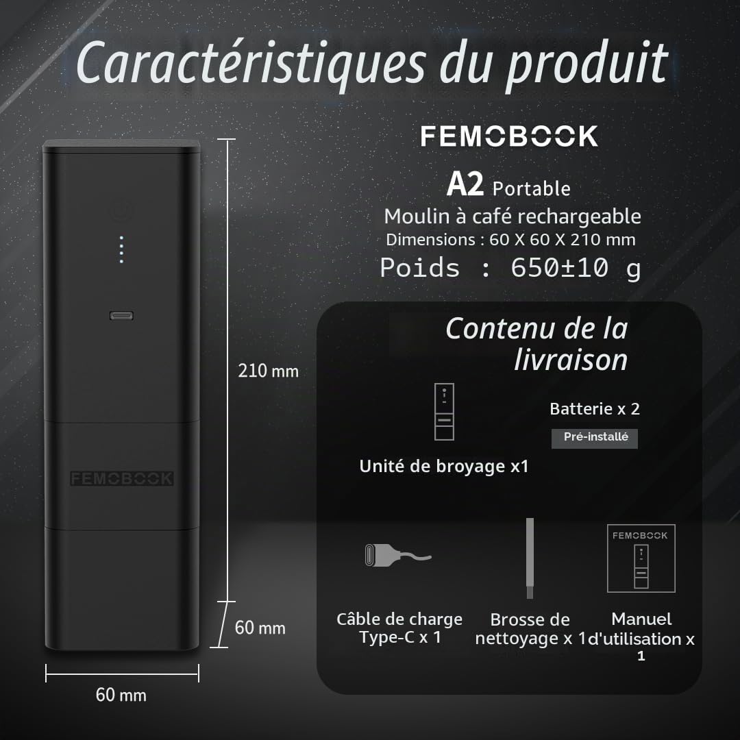 Moulin à café électrique A2 - Noir - Rechargeable - Sans fil - Moulin électrique portable - Pour l'extérieur - Démontage sans outil
