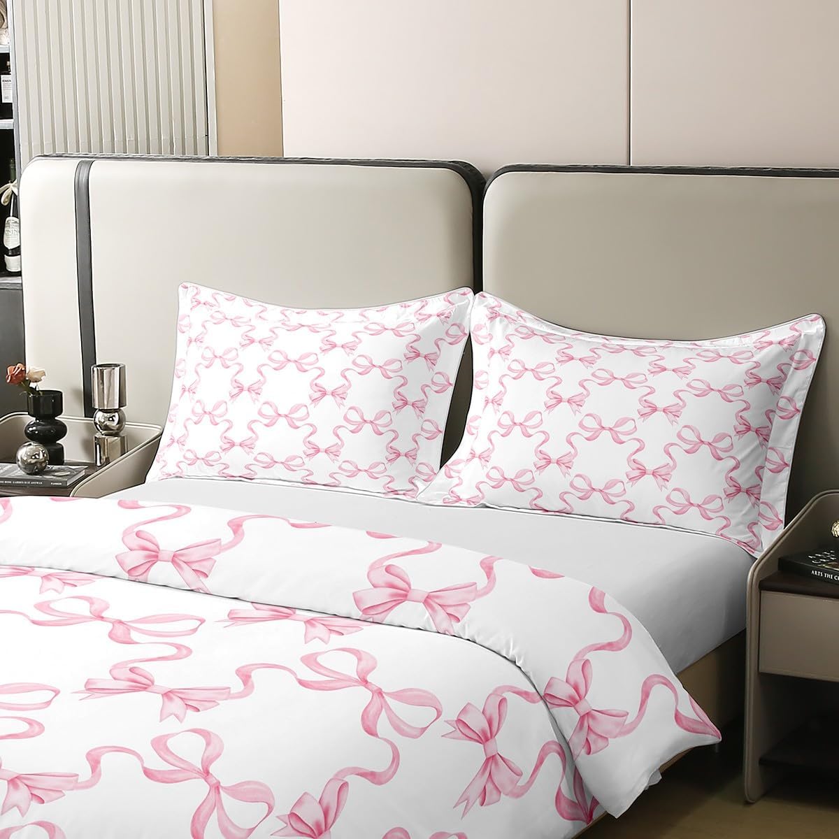 Manfei Cotton Pink Bowknot Duvet Cover for Teens,Princess Style Watercolor Bow-tie Breathable Comforter Cover() No Filler,Fairy Tale Bow Ribbon Stripes Pink White Bedding Set,Queen Size