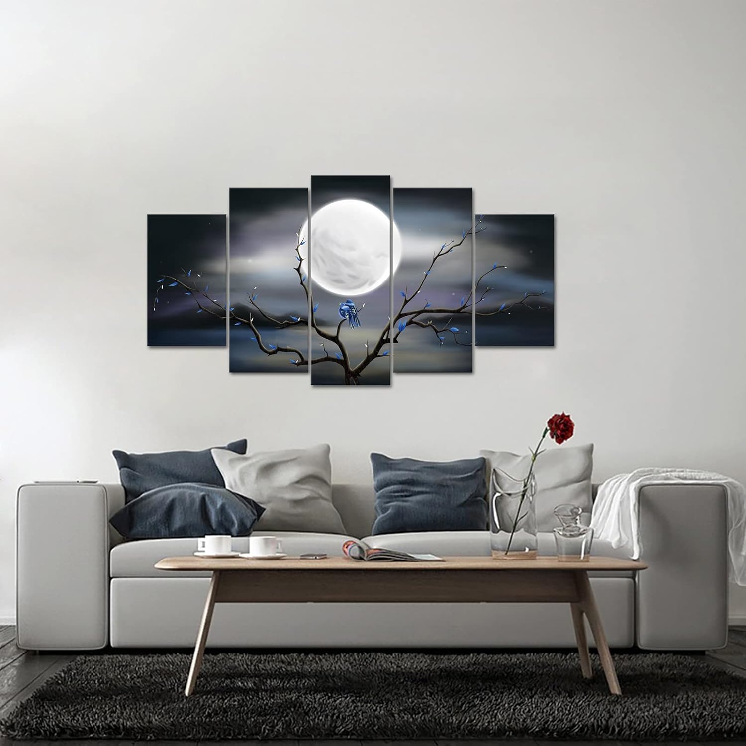 sechars 5 Pieces Canvas Prints Wall Art Big Full Moon over Ocean Landscape Painting Tree Love Birds Modern Abstact Pictures for Living Room Home Decor Gallery Wrap Ready to Hang (5 Pieces)
