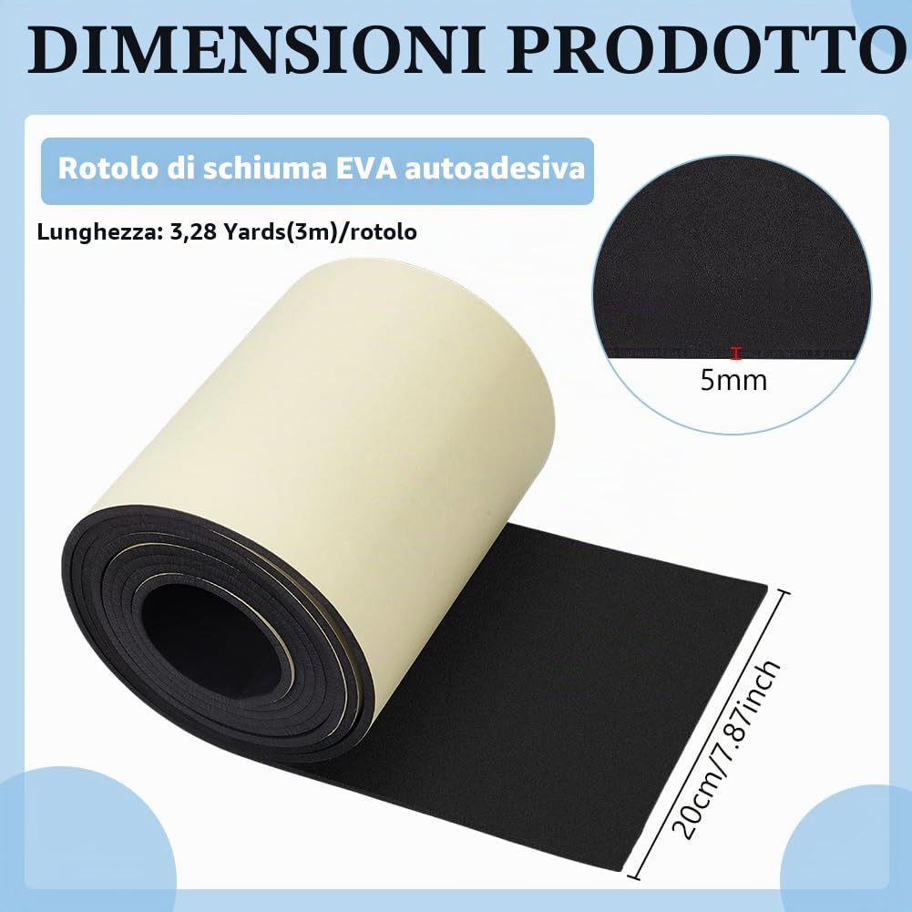 BENECREAT Rotolo di Schiuma EVA Autoadesiva Nera Da 3M x 20CM x 5MM, Foglio di Gommapiuma Impermeabile per La Protezione Dei Mobili, Riempimento Spazi Vuoti, Costumi