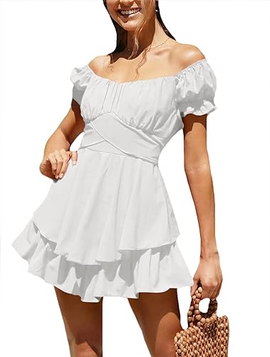 Miniatura 4 de LYANER - Vestido mini fruncido de manga corta con hombros descubiertos, atado en la espalda y con capas para mujer