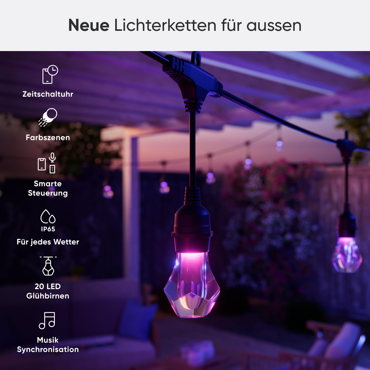 Nanoleaf Smart LED Lichterkette Außen 15m Starter Kit - 20 dimmbare RGBICW Gem Glühbirnen, IP65 wasserdicht, WLAN Kontrolle mit App und Stimme (Matter Alexa Siri Apple Google Home) Balkon Garten Party