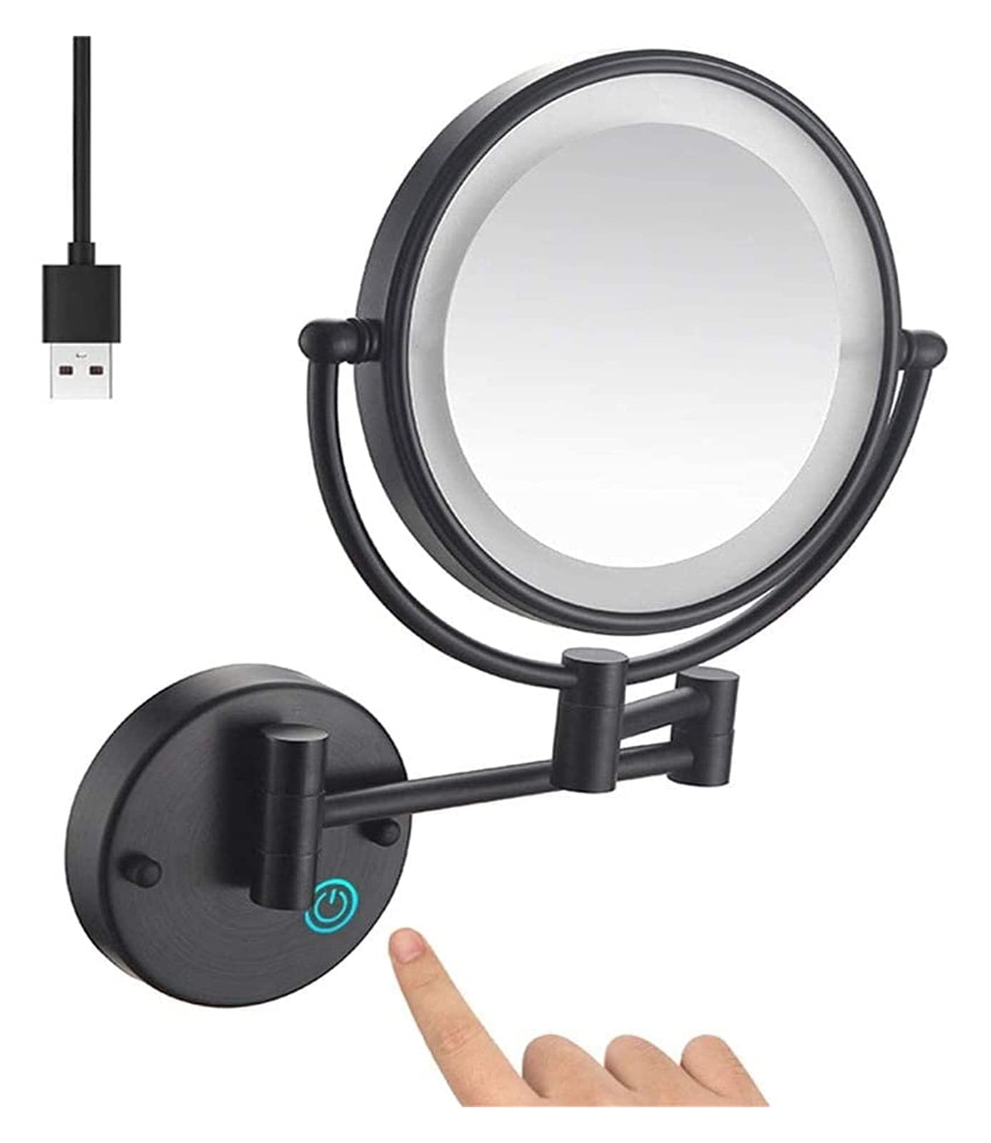 Espejo pequeño, espejo de maquillaje montado en la pared de 8 pulgadas, espejo de maquillaje recargable por USB de doble cara 1X/30X. Aumento, espejo de tocador con pantalla táctil y luz LED ajustable