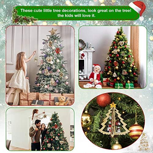 PERFETSELL 8 PCS Christmas Tree Wooden Ornaments Hanging Bauble Wood Hanging Pendant Snowflakes/Bell/Gift Box/Love Heart Shape Embellishments Baubles with Hollow-Carved for Xmas Party Decor