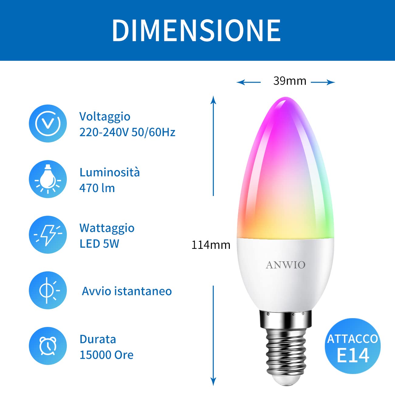 ANWIO Lampadina Alexa, Lampadina Smart,5W Equivalenti a 40W,470Lm,C37, Lampada Smart Wifi E14 con Telecomando Compatibile con Alexa, Echo and Google Assistant, RGB Intelligente Dimmerabile,6 Pcs