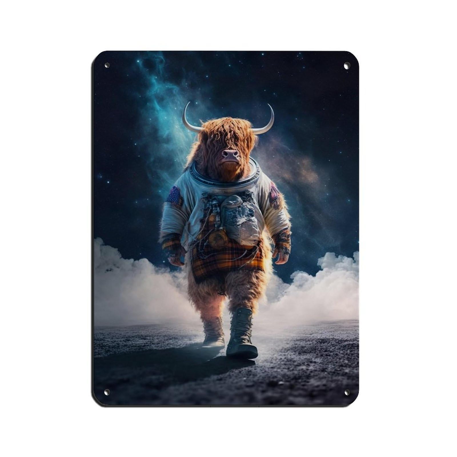 Astronaut Highland Cow, Futuristic Animal Tin Sign Vintage Metal Pub Club Cafe Bar Home Wall Art Decoration Poster Retro 12x16inch(30x40cm)