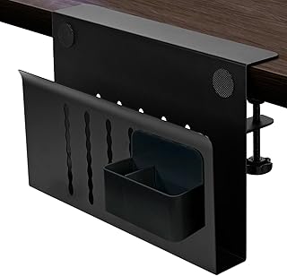 Desk Side Storage, Under Desk Storage, Steel Hanging Desk Organizer, No Drill Under Desk Cable Management Tray, Under Desk Laptop Holder, with Pen Holder, Hanging Desk Storage for Office and Home