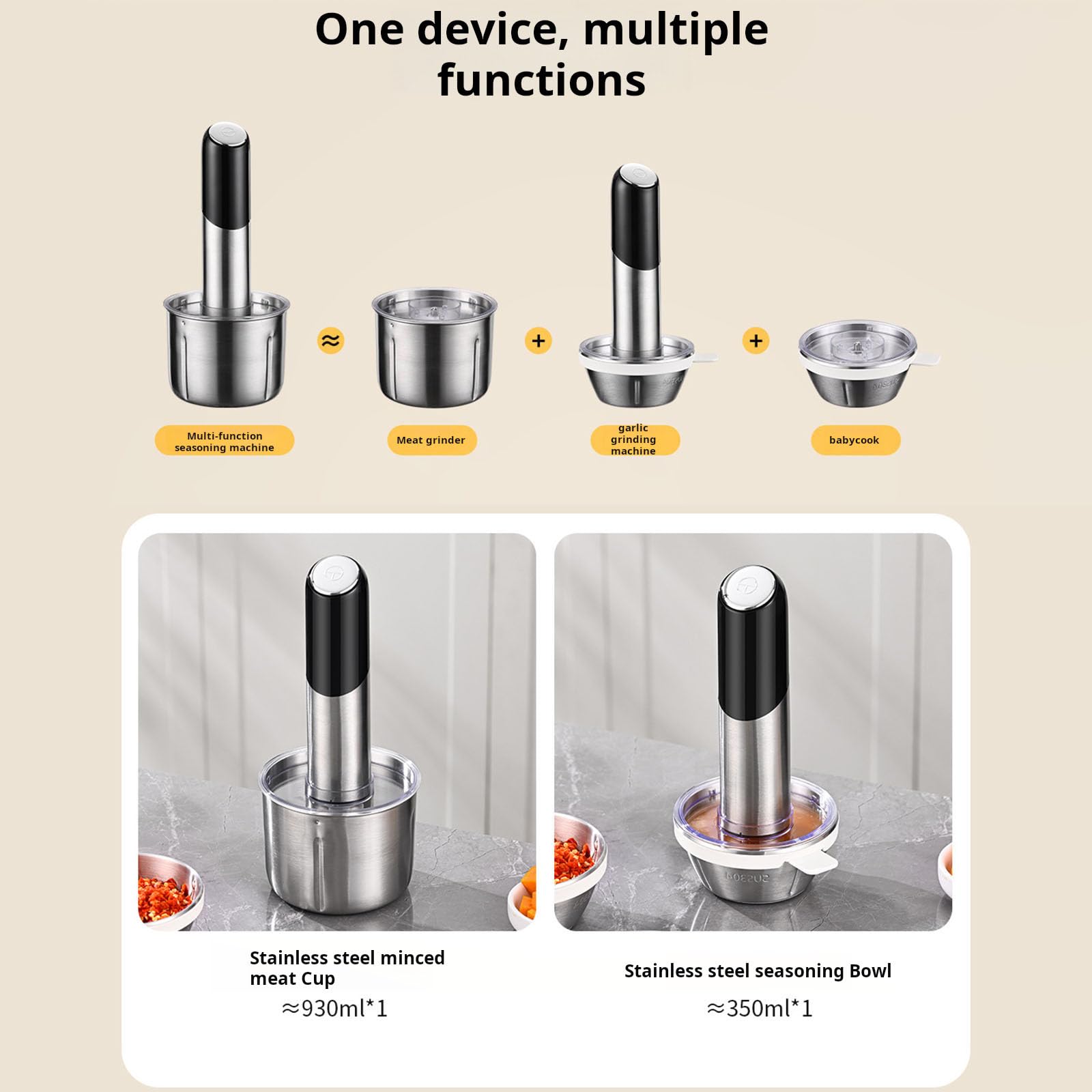 Moderna máquina picadora de alimentos con textura de acero inoxidable para preparar ingredientes, nueces, jengibre, procesador de bebé