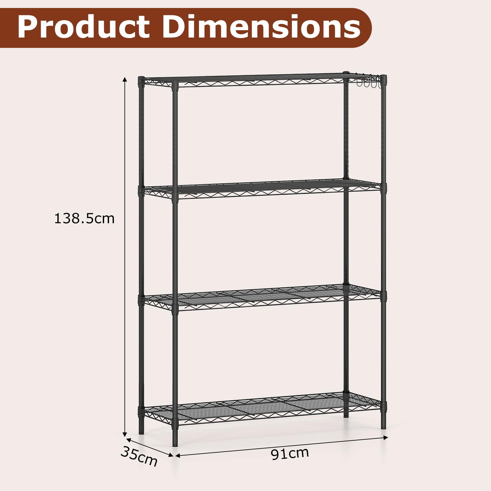 GIANTEX Ripiano portaoggetti a 4 livelli regolabile in altezza, scaffale in metallo, supporto fino a 567 kg, libreria in filo metallico con 4 ganci, per garage, cantina, cucina, 91 x 35 x 138,5 cm