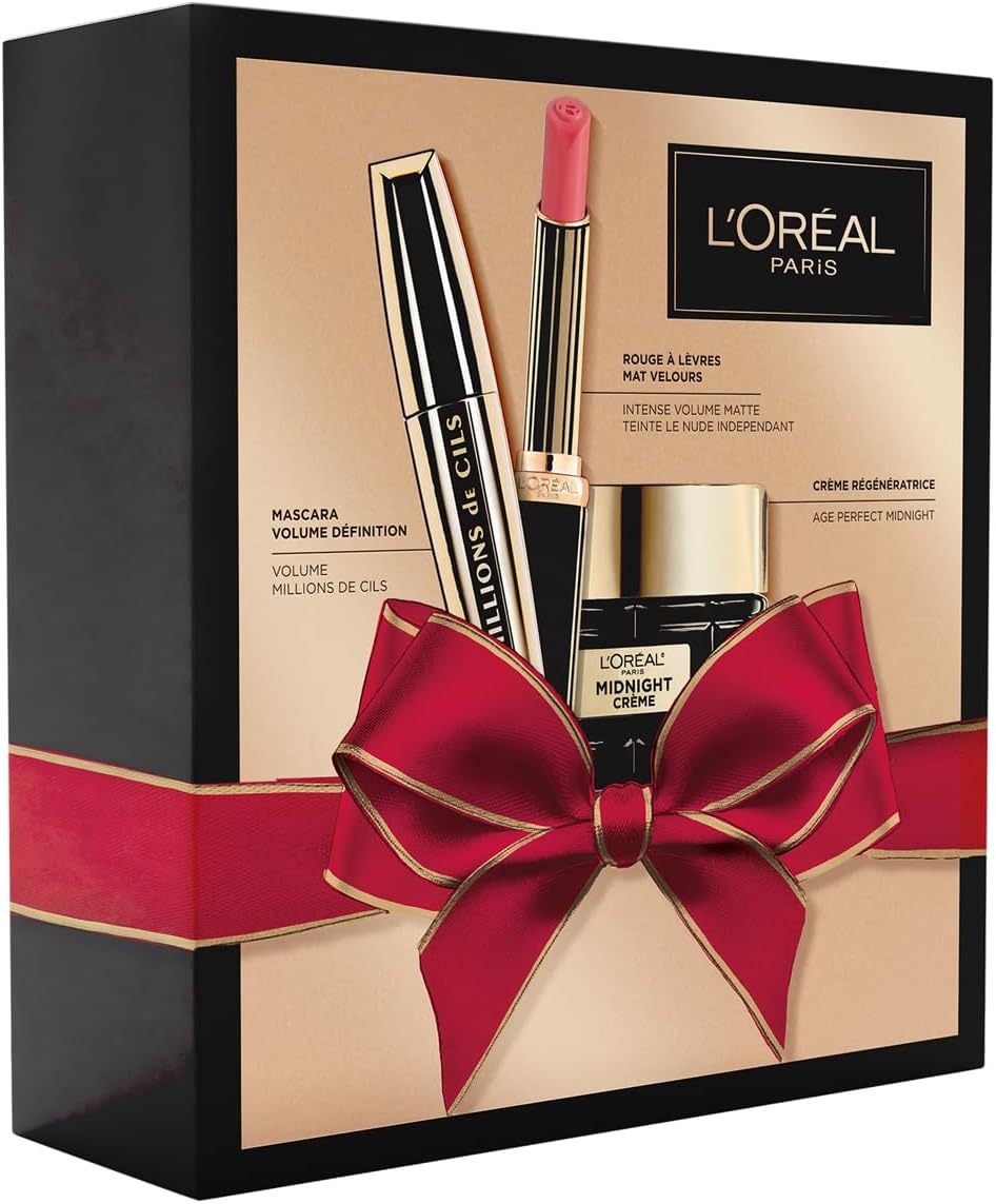 Coffret Cadeau de Noël – 3 Produits – Crème Anti-Rides, Mascara Volume Millions, Rouge à Lèvres Mat