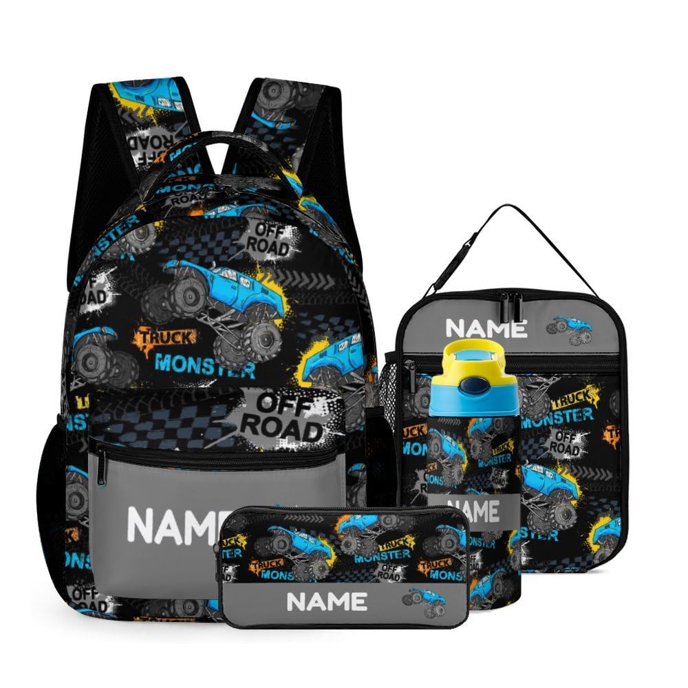 MLIANCEN Custom 4Pcs Backpack Set with Lunch Bag Pencil Case Kids Water Bottle Add Your Name Personalized School Book Bags Customization Cartoon Truck