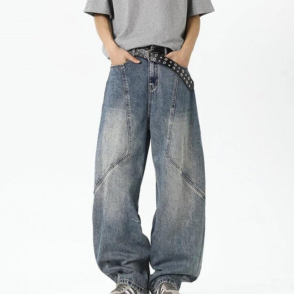 Men’S Spliced Design Jeans Mid Waist Loose Fit Wide Leg Denim Pants High Street Style Zipper Fly Jeans2