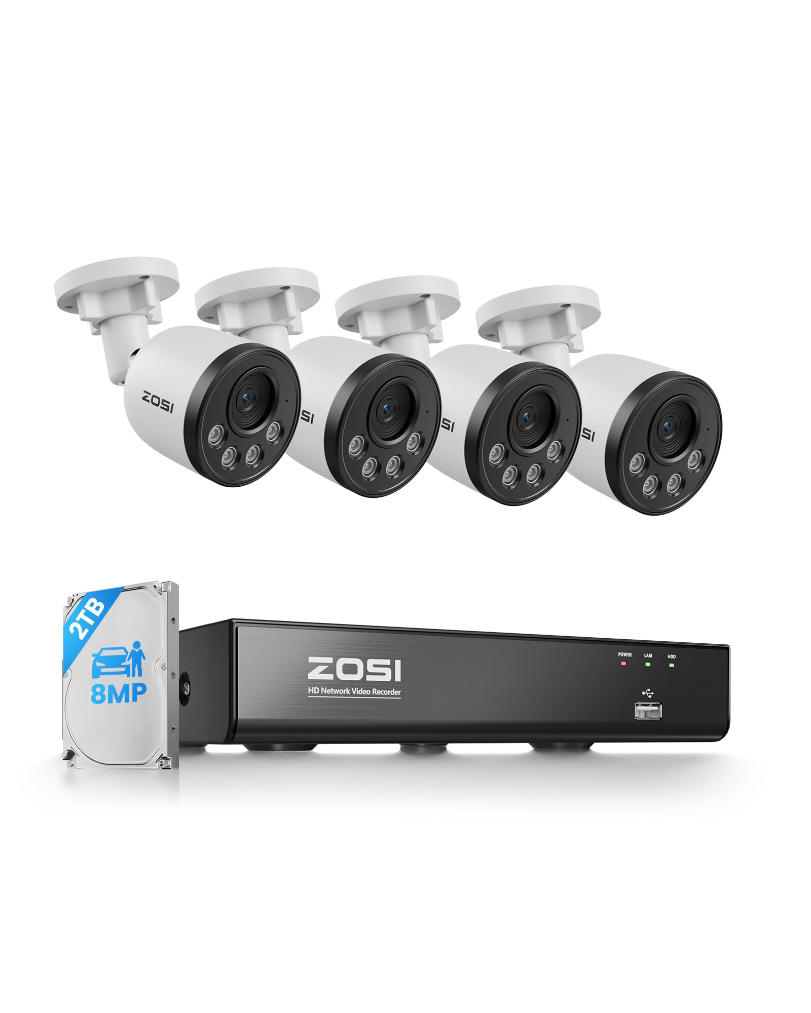 ZOSI 4K PoE Überwachungskamera Set Aussen, 8CH 2TB NVR mit 4X 8MP IP Kameras, Personen- und Fahrzeugerkennung, Audioüberwachung, 30M IR Nachtsicht, 24/7-Aufnahme, C180