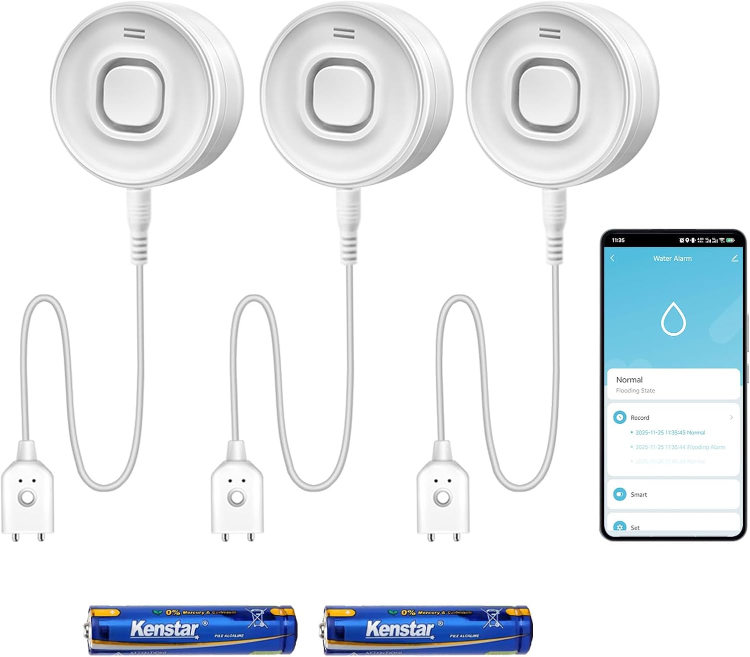 Water Alarm Leak Detector, Water Leak Detector with Cable, 100dB Adjustable Sound Alarm & Real-Time App Alerts WiFi Water Sensor for Home, Kitchen, Bathroom, Warehouse, 3 Packs