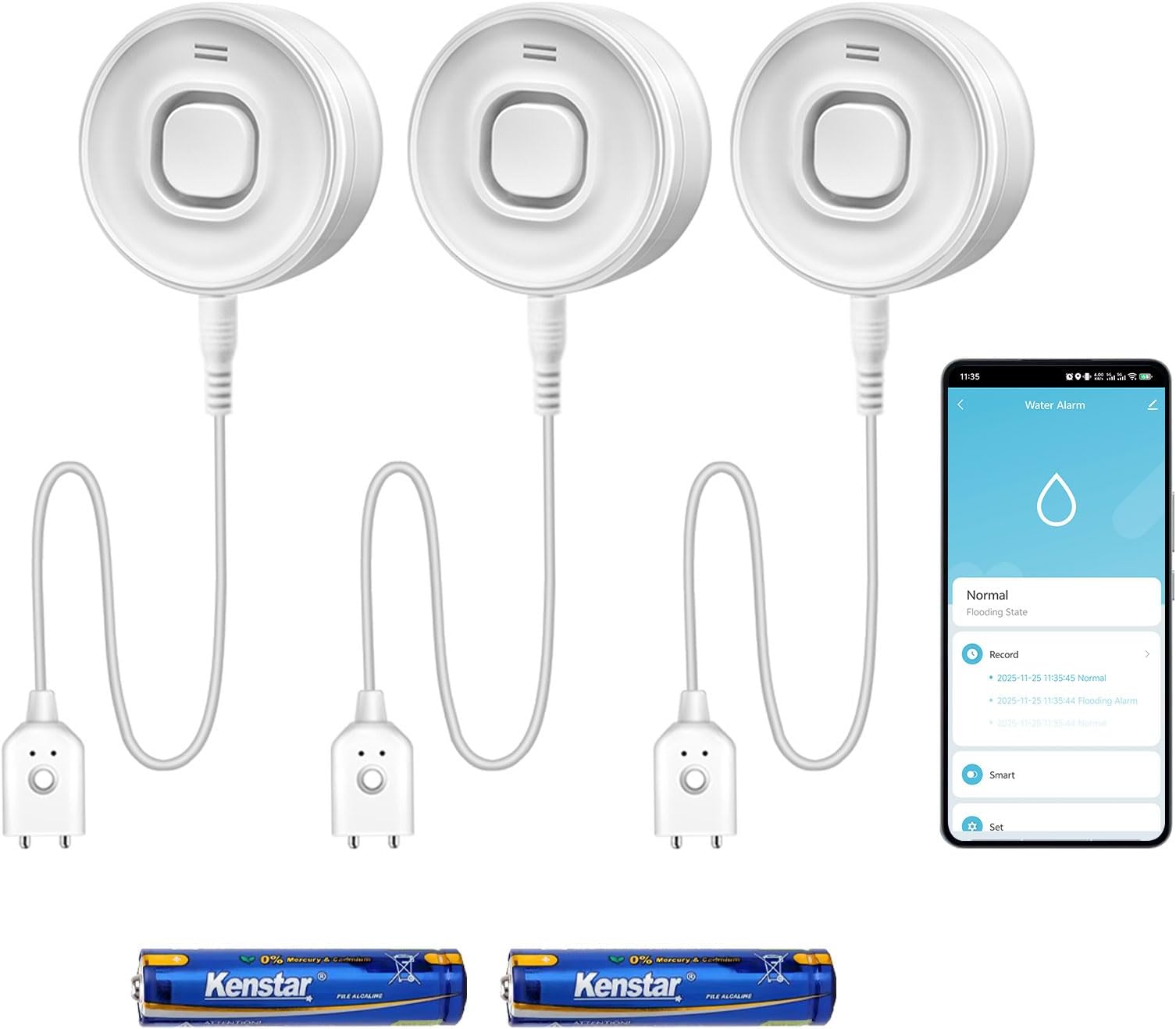 Water Alarm Leak Detector, Water Leak Detector with Cable, 100dB Adjustable Sound Alarm & Real-Time App Alerts WiFi Water Sensor for Home, Kitchen, Bathroom, Warehouse, 3 Packs