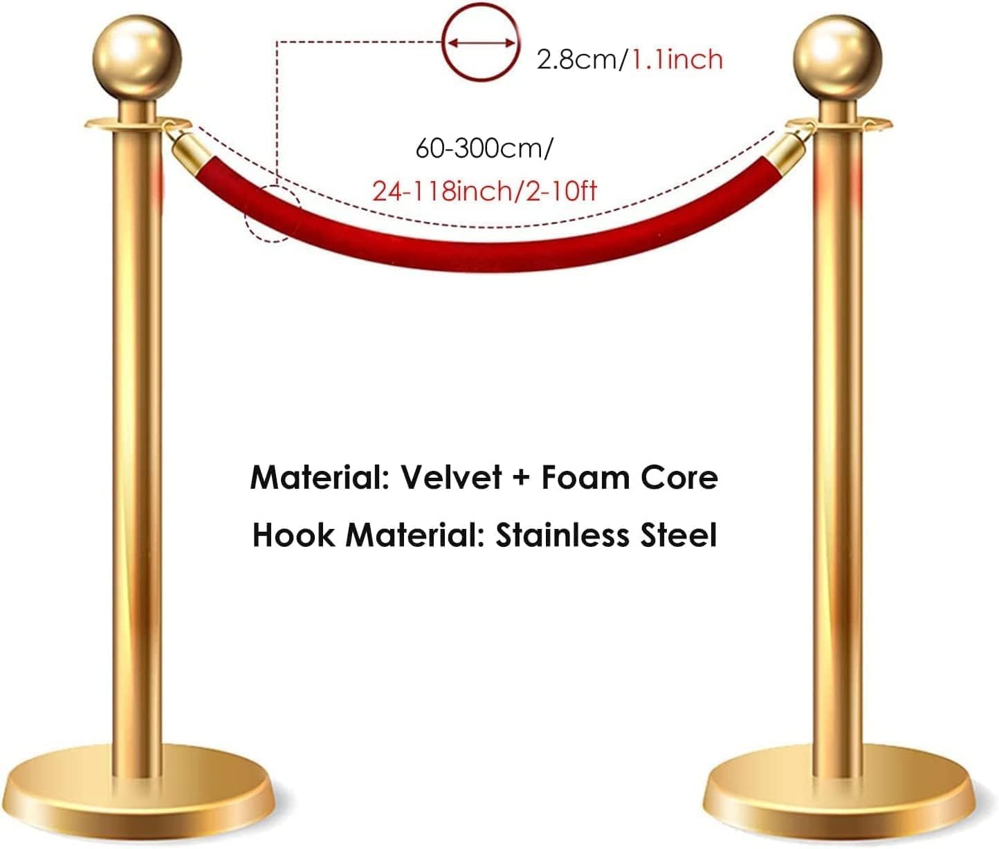 Velvet Stanchion Rope - Luxury Crowd Control Barrier with Gold Hook for Red Carpet Events, Movie Theaters, Grand Openings, Hotels & Party Supplies image 3