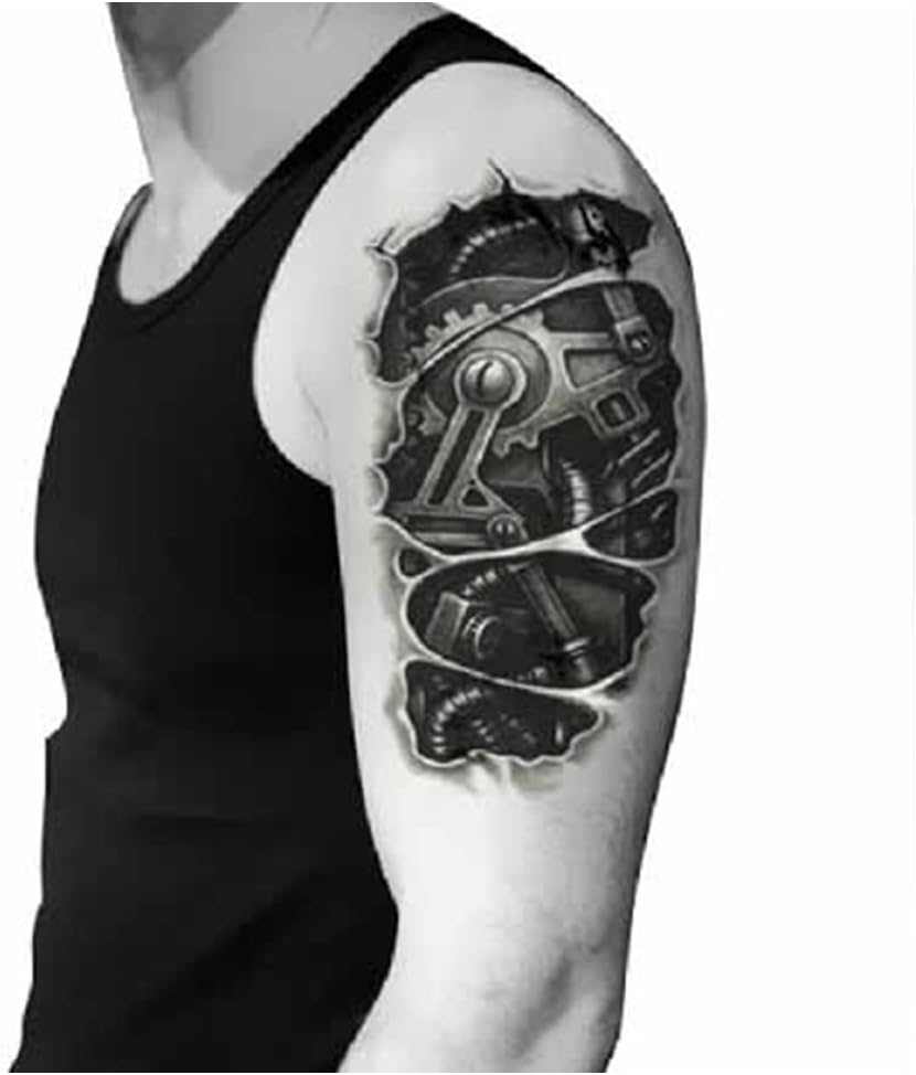 Ruip Cool Large Waterproof Temporary Fake Mechanical Arm Tattoos Body Art Stickers Transport Tattoo for Men Women 2 sheet