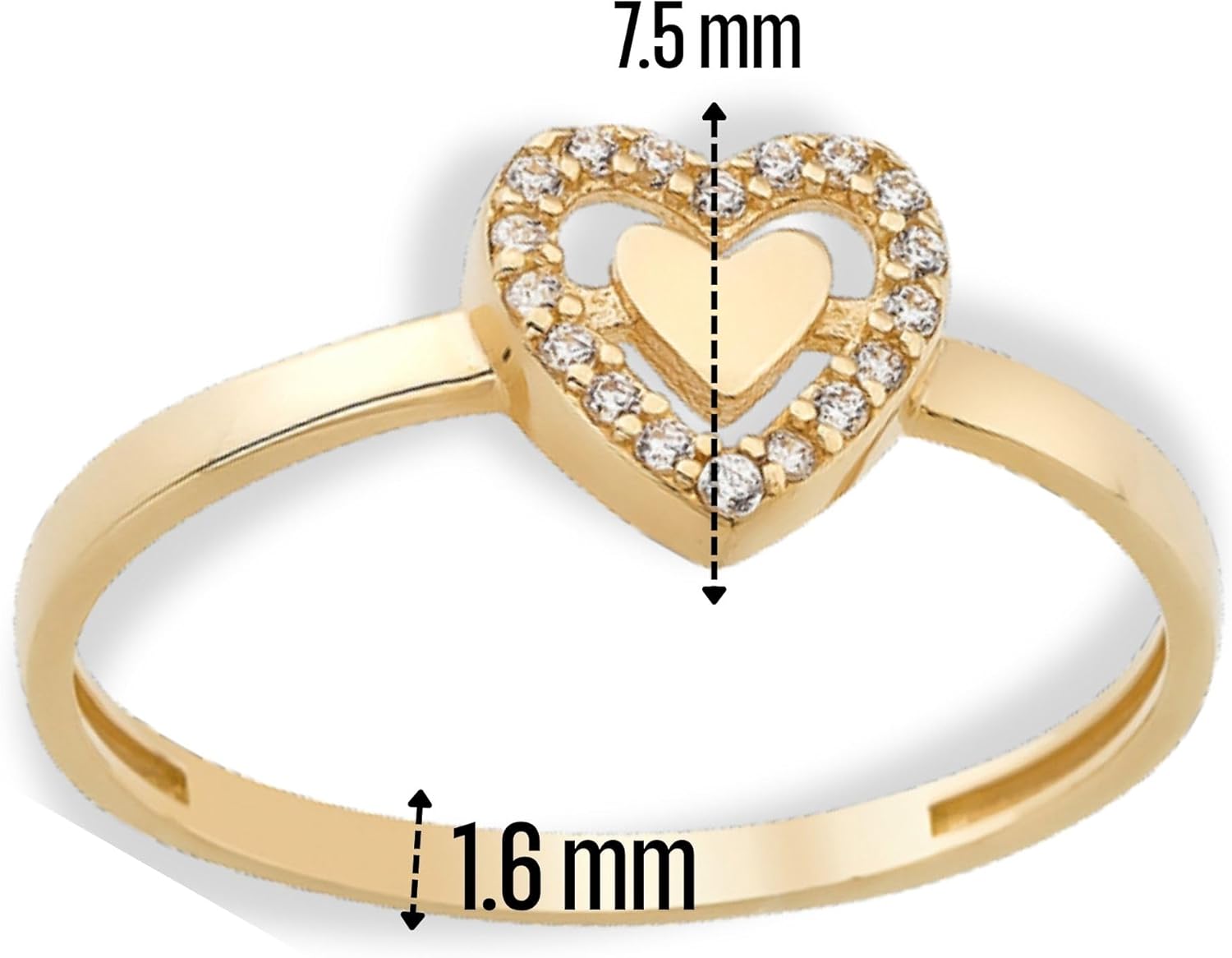 14K Real Solid Gold Ring for Women, Double Heart Ring Simulated Diamond for Engagement, Thickness 1.6 mm