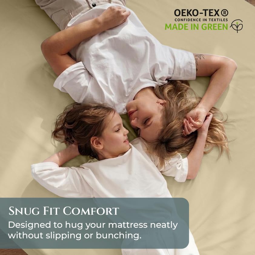 Image of Royale Linens 400 Thread Count Full Size Fitted Sheet Only - 100% Cotton Bed Fitted Sheet - Luxury Sateen Weave - All Around Elastic Deep Pocket - Soft & Durable Bottom Sheets - Fit Up to 16 inch (Sand)