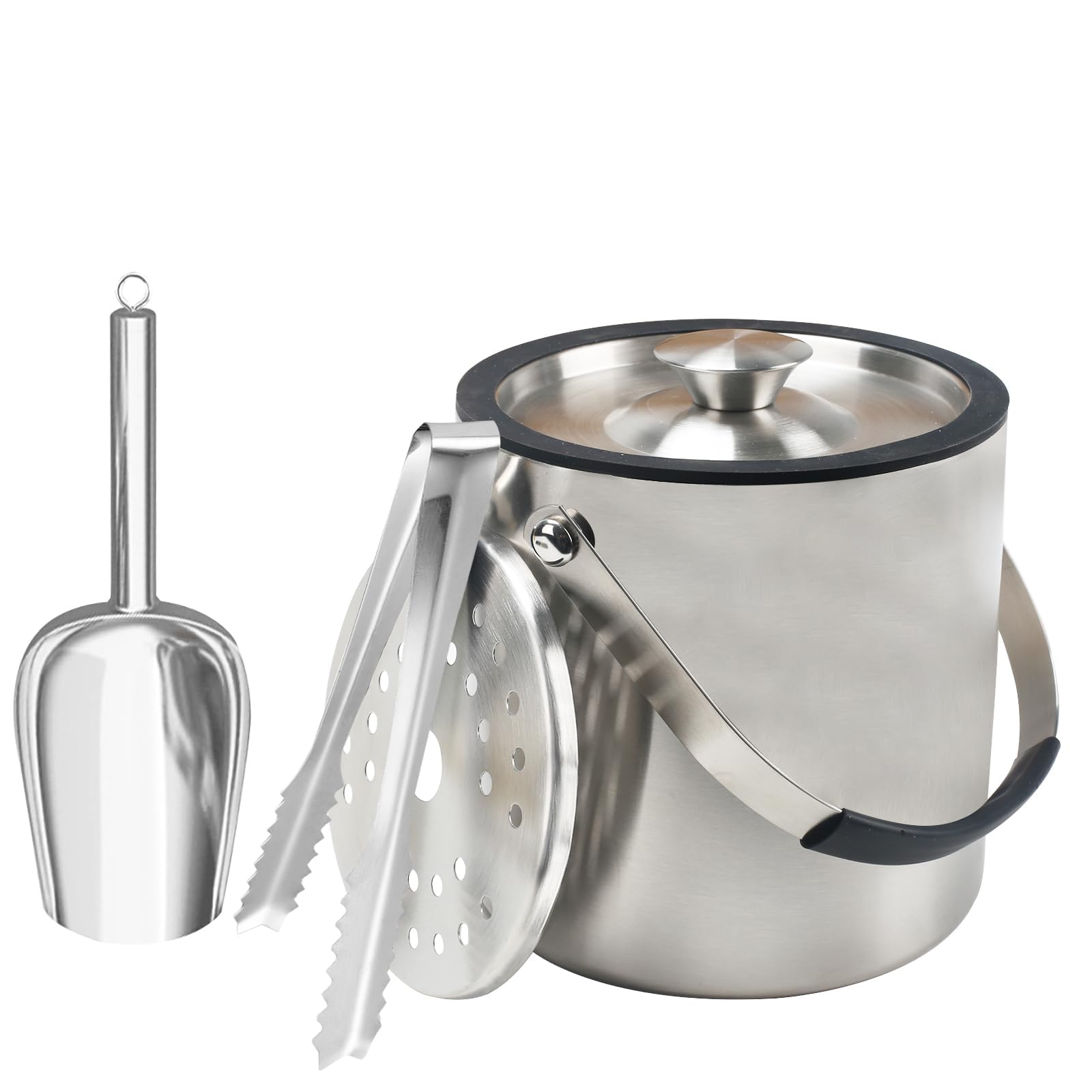 Zythrem Seau à Glace en Acier Inoxydable, 2L Seau à Glacon Isotherme, Seau à Glace Isolé à Double Paroi, avec Couvercle, Pince, Passoire et Poignée, Seau à Champagne pour Bar Fêtes Barbecues