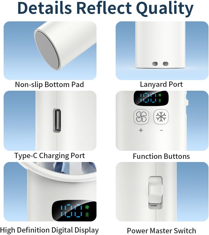 Portable Handheld Fan with Ice Cooling Mode, 5200mAh Rechargeable Fan, 100 Gear Adjustable Wind Speed, Quiet Turbo Motor, LED Display for Indoor & Outdoor Use (White)