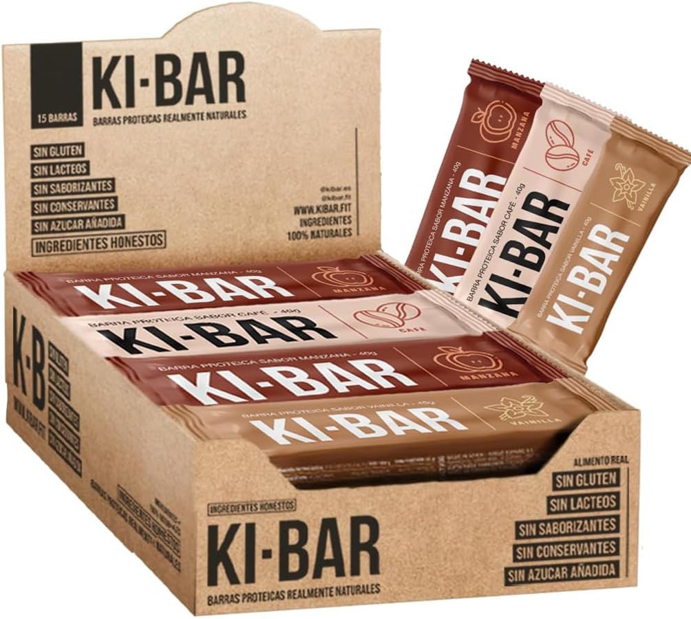 Ki-Bar Barritas Proteicas 100% Naturales | 22% Proteína Huevo y Guisante | Sin Azúcares Añadidos, Sin Gluten, Sin Lactosa | Pack 15 uds x 40g | Sabores Café, Manzana, Vainilla