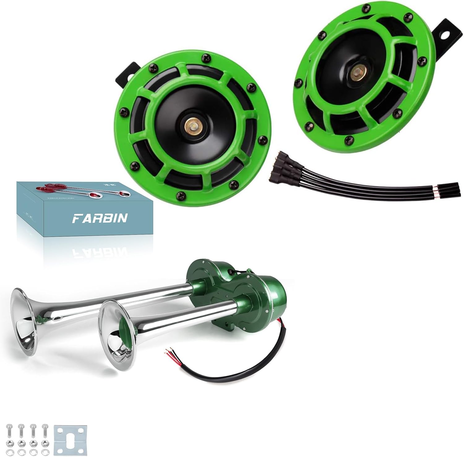 FARBIN 12V Car Horn kit with Green Waterproof Truck Horn