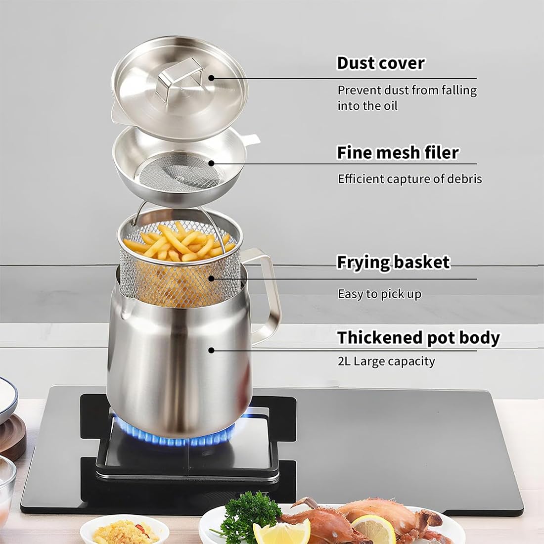 Pentola per friggitrice con cestello e colino, 2 l, grande capacità, in acciaio inox 304, filtro dell'olio per cucina, friggitura, cucina, campeggio