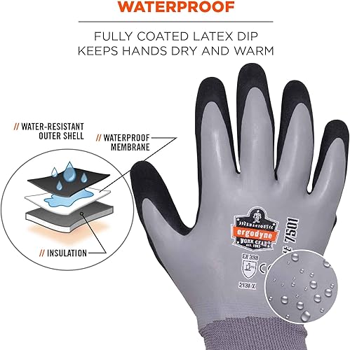 Miniatura 4 de Ergodyne ProFlex 7501 - Guantes de trabajo de invierno impermeables con revestimiento de nitrilo arenoso, forro polar térmico