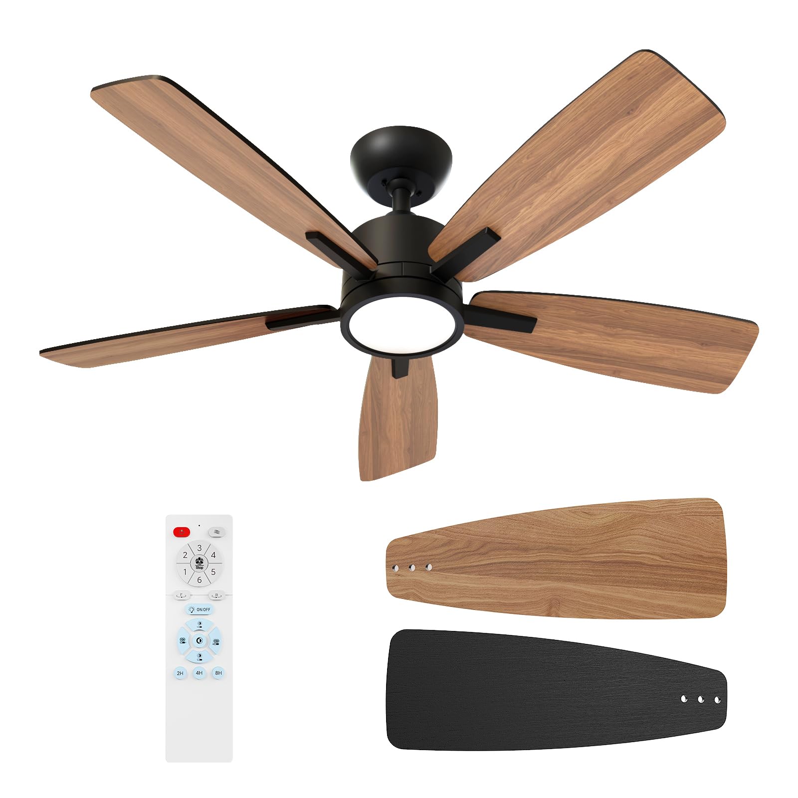 TALOYA 42 Inch Ceiling Fan with LED Light and Remote Control, black finish with wood grain blades.