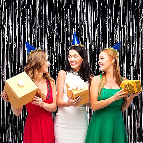 Image of 4 Pack Black Foil Fringe Curtain Backdrop, 3.28Ft x 8.2Ft Metallic Tinsel Streamer Curtains for Party, Photo Booth Props, Birthday, 2022 Graduation Decoration Party Supplies
