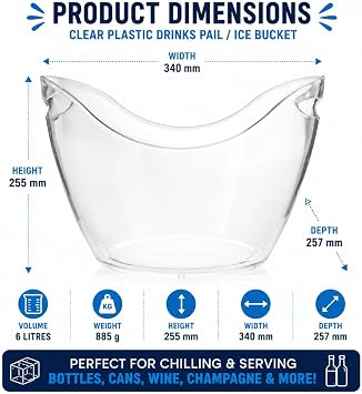 bar@drinkstuff Clear Plastic Drinks Pail 10 Litre – Large Ice Bucket for Beer, Wine, Cans & Bottles – Party Drinks Tub with Carry Handles for BBQs & Events