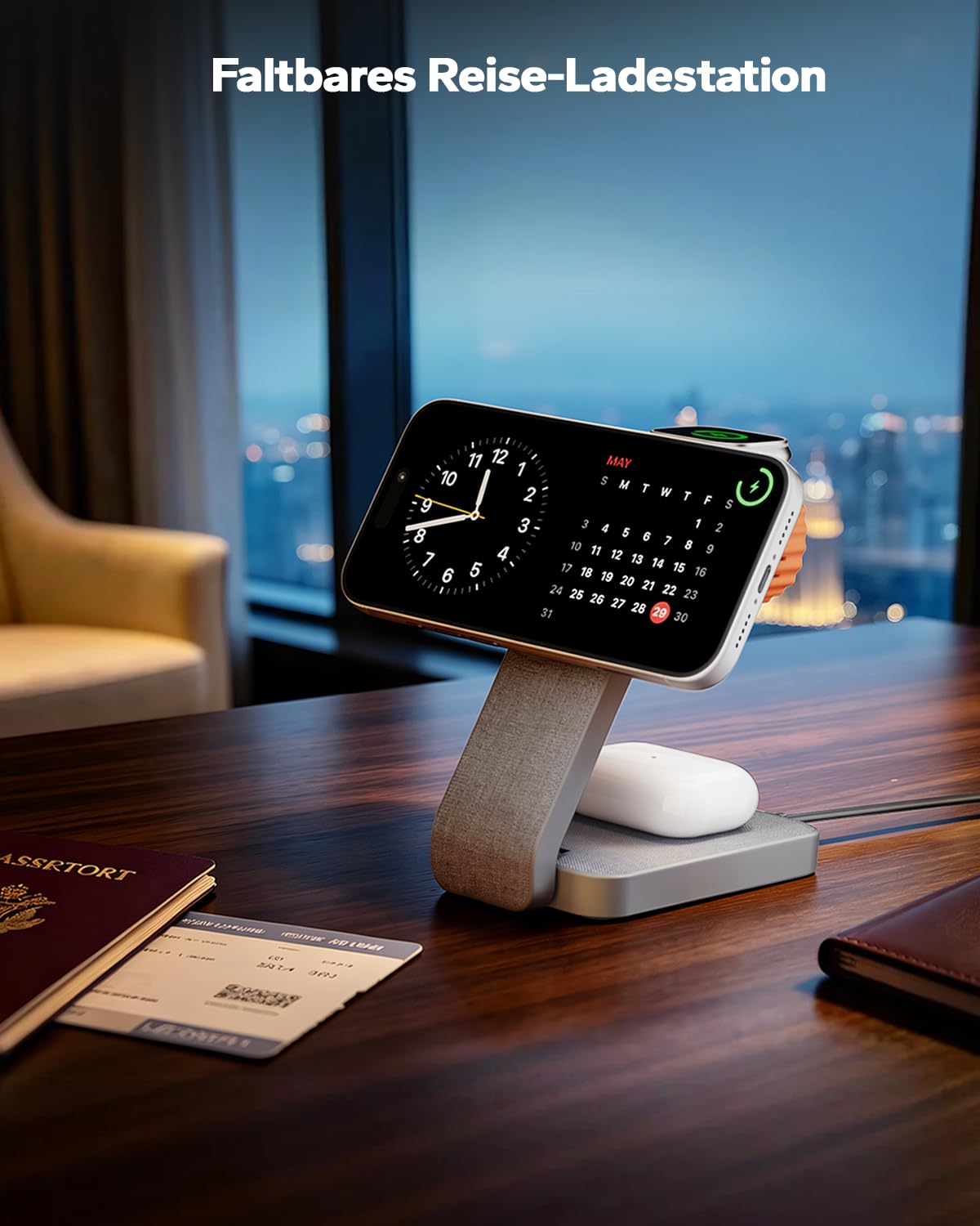 Eazpower Magsafe Ladestation für Apple Watch und iPhone 3 In 1 Faltbar, iPhone Ladestation Magsafe Ladegerät Schnellladefunktion mit Nachtlicht für iPhone 17~12, Apple Watch 11~2, AirPods - Anthrazit
