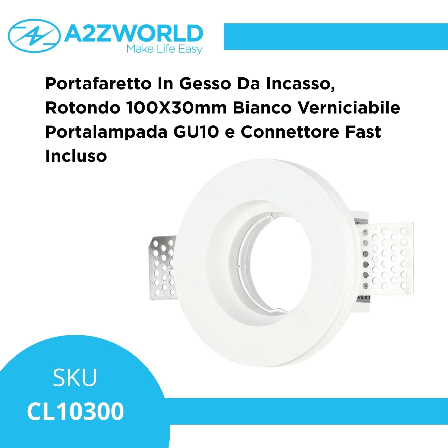 A2ZWORLD Lot de 10 porte-spot en plâtre encastré, rond 100 x 30 mm, blanc peint, douille GU10 et connecteur rapide inclus, ressort transparent, pour plaques de plâtre au plafond