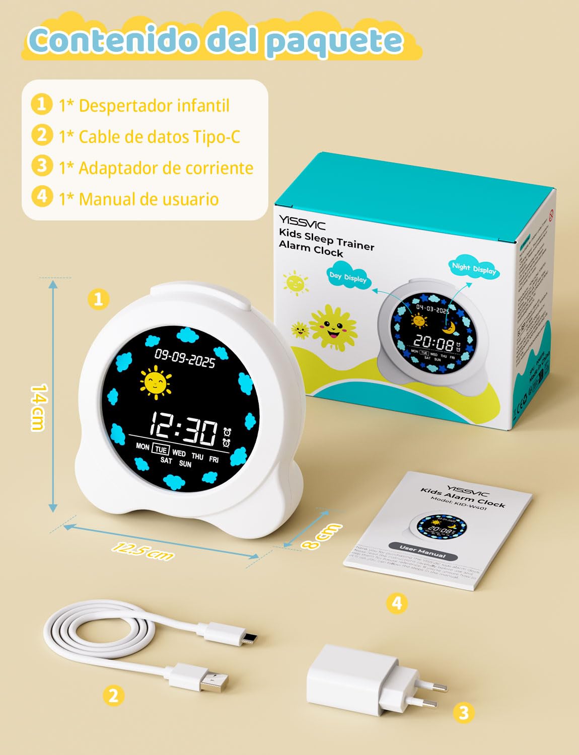 YISSVIC Despertador Infantil 2 Alarmas Brillo Ajustables 3 Volumenes 6 Músicas, Reloj Despertador Digital Función de Repetición Entrenamiento del Sueño para Niños