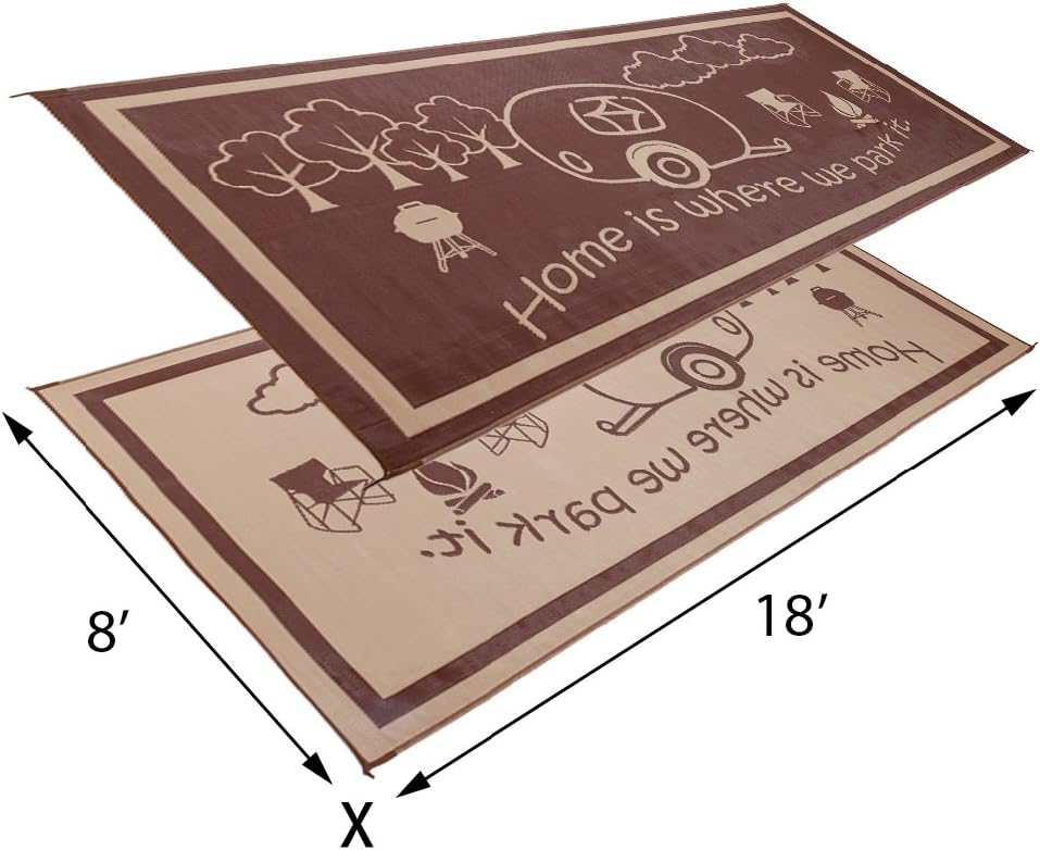 Stylish Camping 8-Feet x 18-Feet Outdoor RV Home Patio Reversible Mat - Brown/Beige