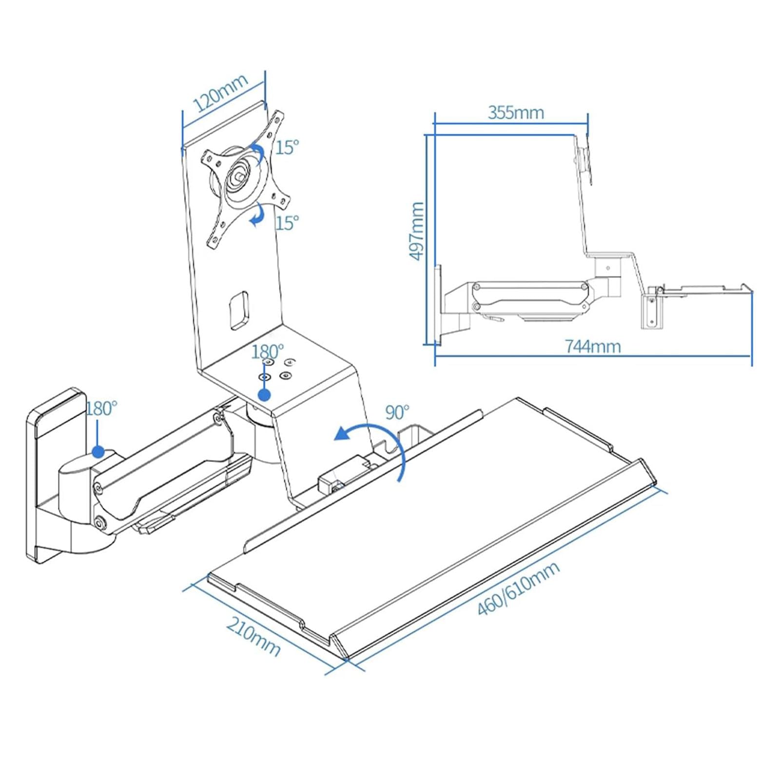 Supporto da muro per monitor e tastiera con vassoio pieghevole da 45 cm | Braccio per schermo singolo, rotazione a 5 assi, carico massimo 15 Kg, postazioni di lavoro industriali per officine