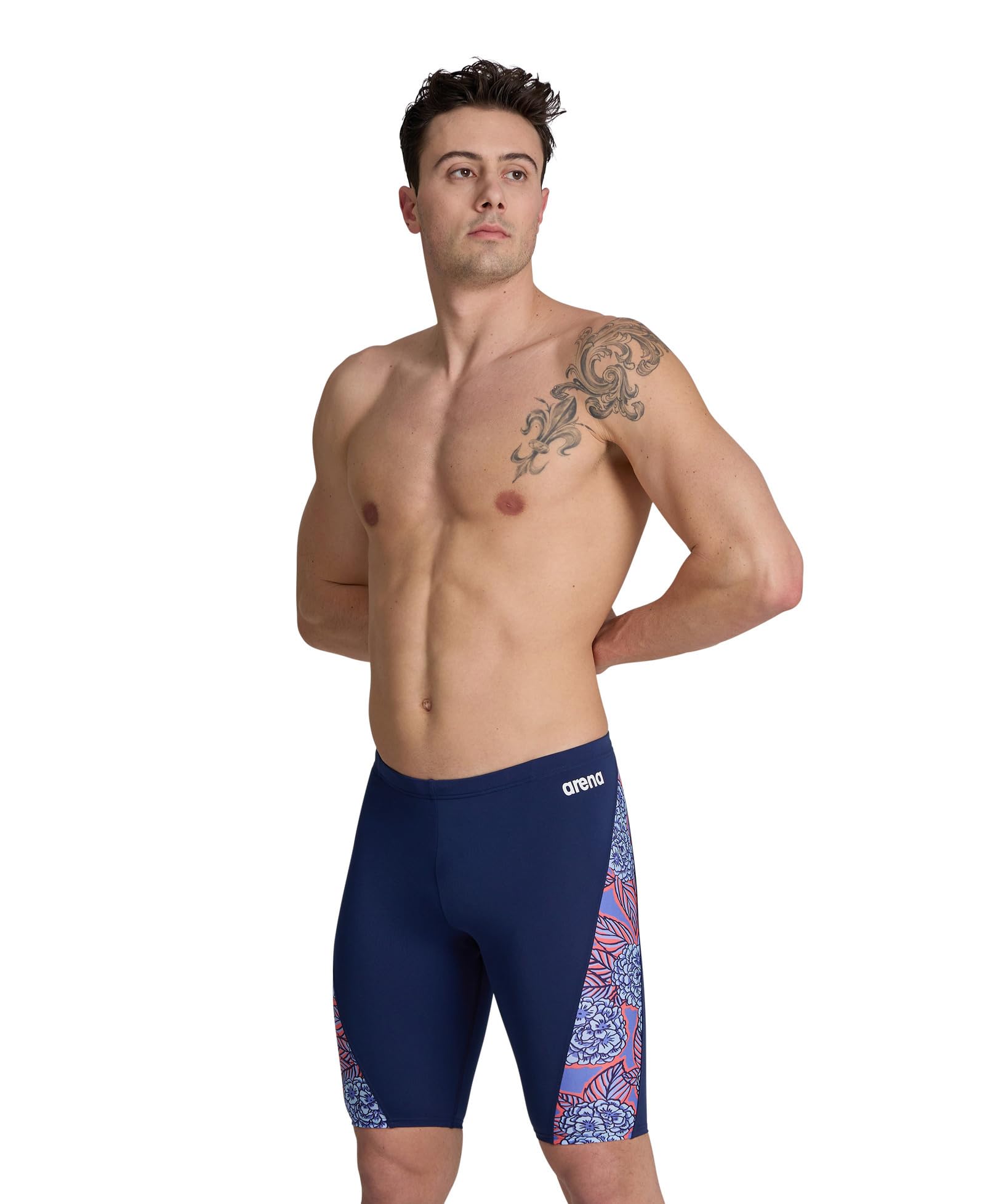 ARENA Men Hydrangea Bouquet Swim Jammer for Competition Swimming and Training, UPF 50+ UV Protection, Quick Drying Swimwear, Navy-team Redwhiteblue, 24