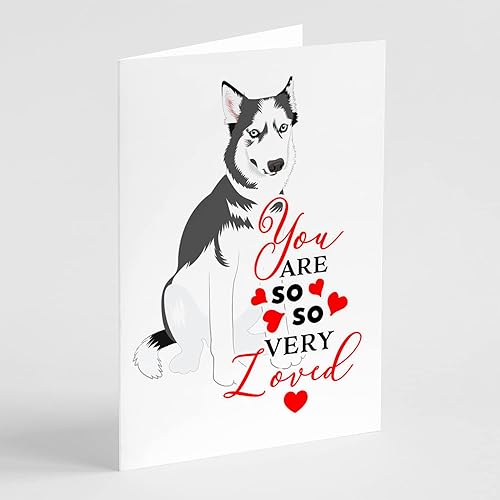 Caroline's Treasures WDK3944GCA7P - Tarjetas de felicitación y sobres, color plateado y blanco #2 de Husky siberiano, paquete de 8 tarjetas en