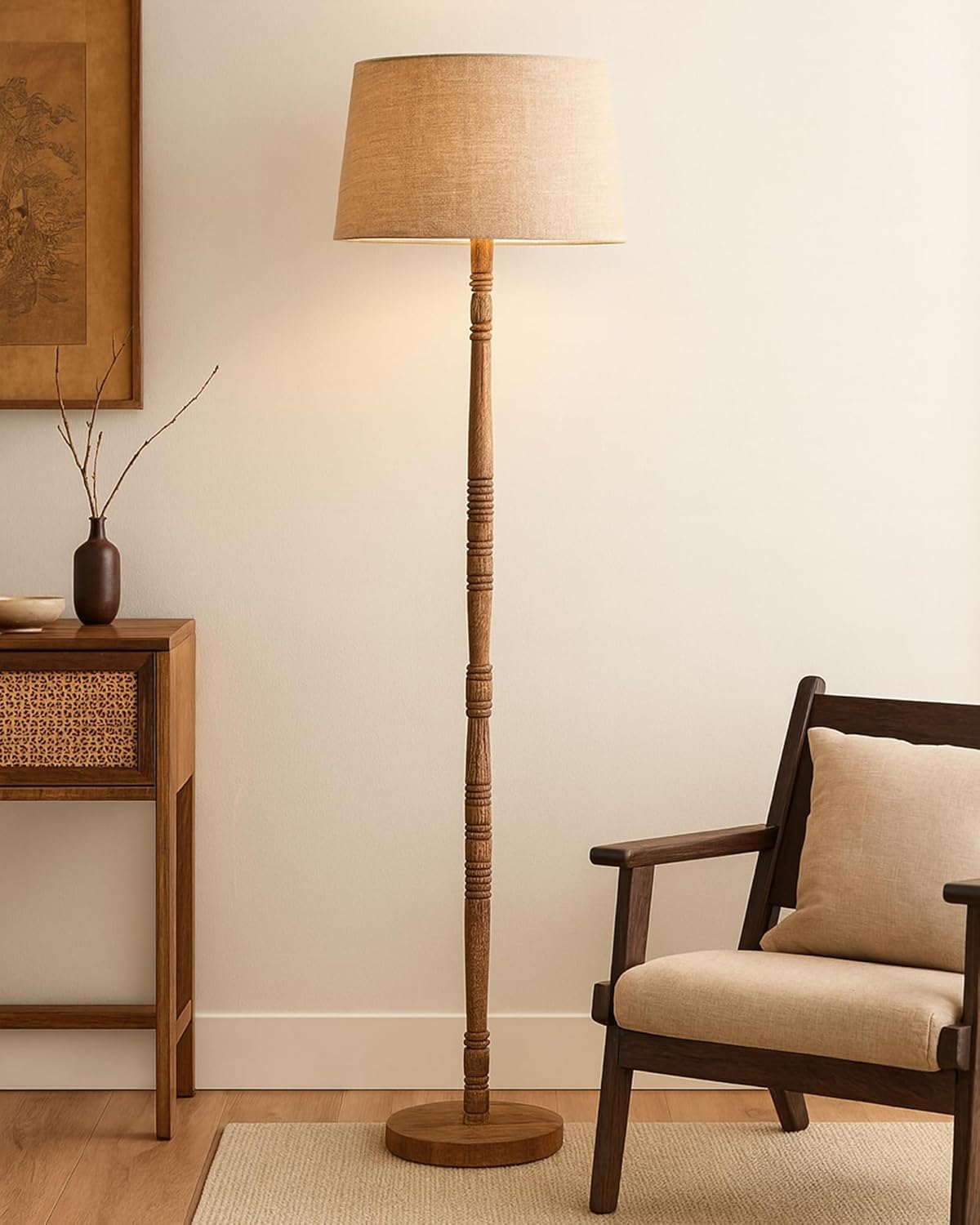 Mid Century Modern Floor Lamp for Living Room | Hand Turned | Corner Lamp for Living Room, Stand Lamp with Fabric Lampshade for Bedroom, Study Room and Office, (Jute)-image-48