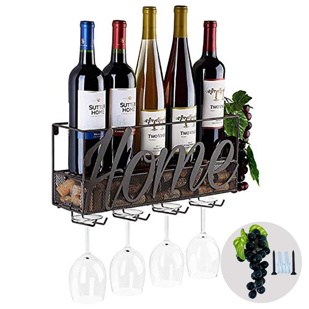 Portabottiglie Da Parete In Metallo Rustico - Contiene 10 Bottiglie E 5 Calici, Dimensioni 55x20x54 Cm