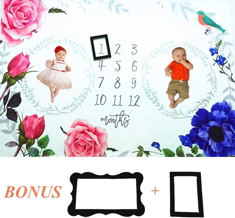Baby Monthly Milestone Blanket, 40×60 Inches Infant Newborn First Year Flowers Milestone Blanket for Twins, Flannel Fleece, Best Baby Shower Gift, Photography Backdrop Photo Prop for Newborn Boy Girl
