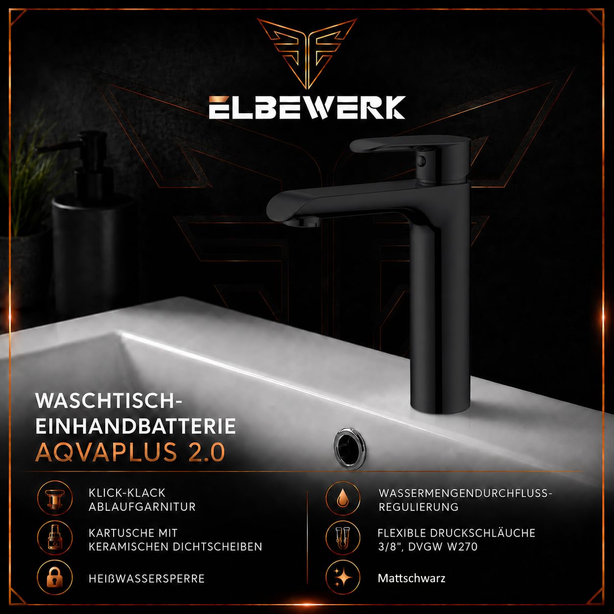 Waschtischarmatur – Einhebel Badarmatur mit Ablaufgarnitur, Keramikkartusche, Heißwassersperre & Wassersparfunktion, inkl. 3/8" Flexschläuche (Mattschwarz, Medium)