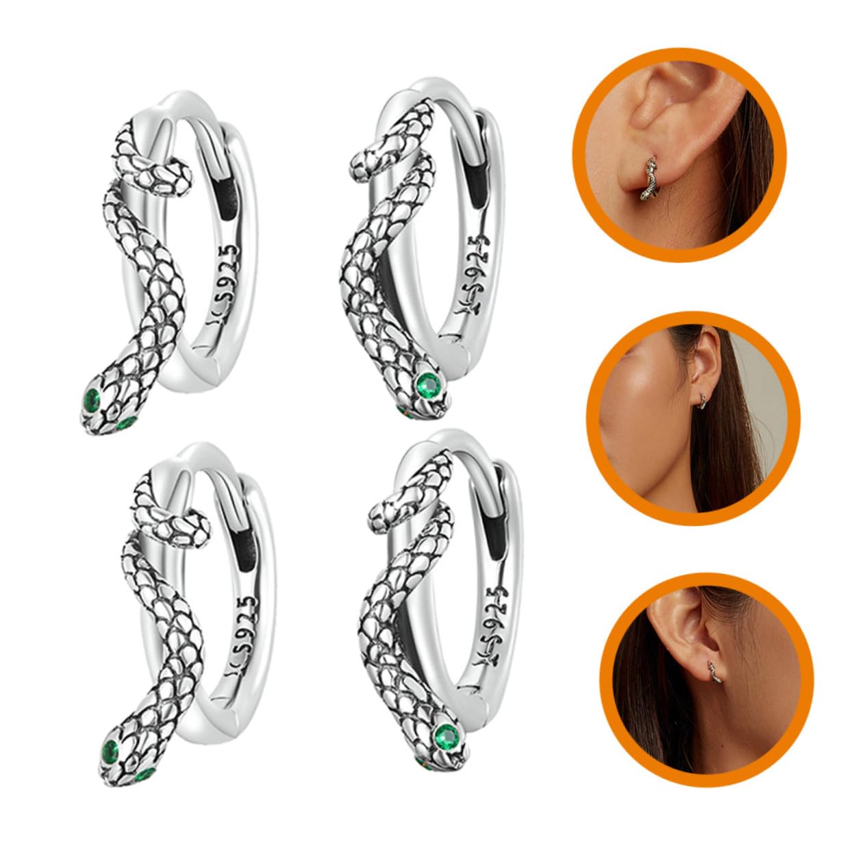 2 Paar Schlangenohrringe aus S925 Silber, Modische Ohrstecker für Damen