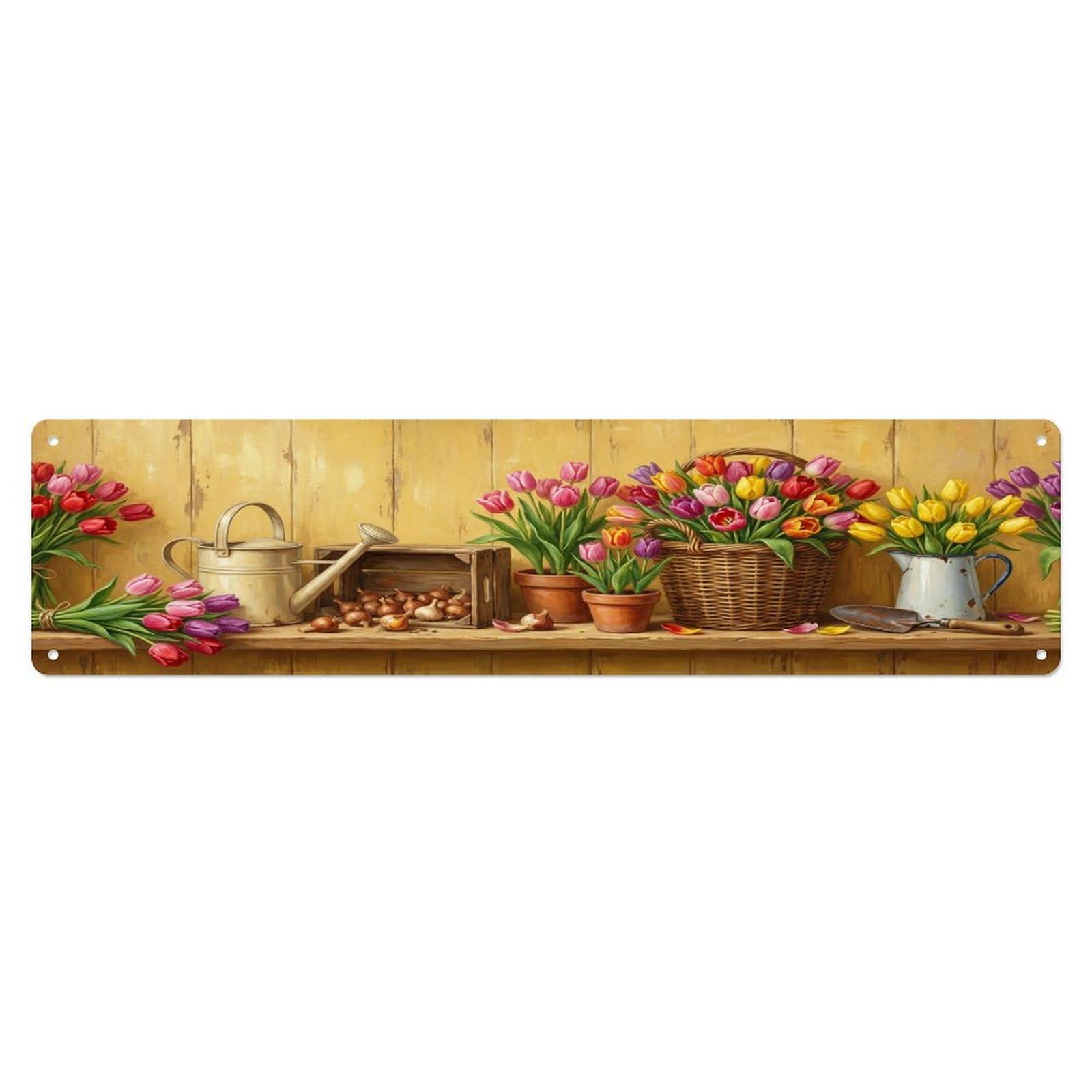 Floral Garden Tools Tulip Farm Pattern Print Metal Tin Sign